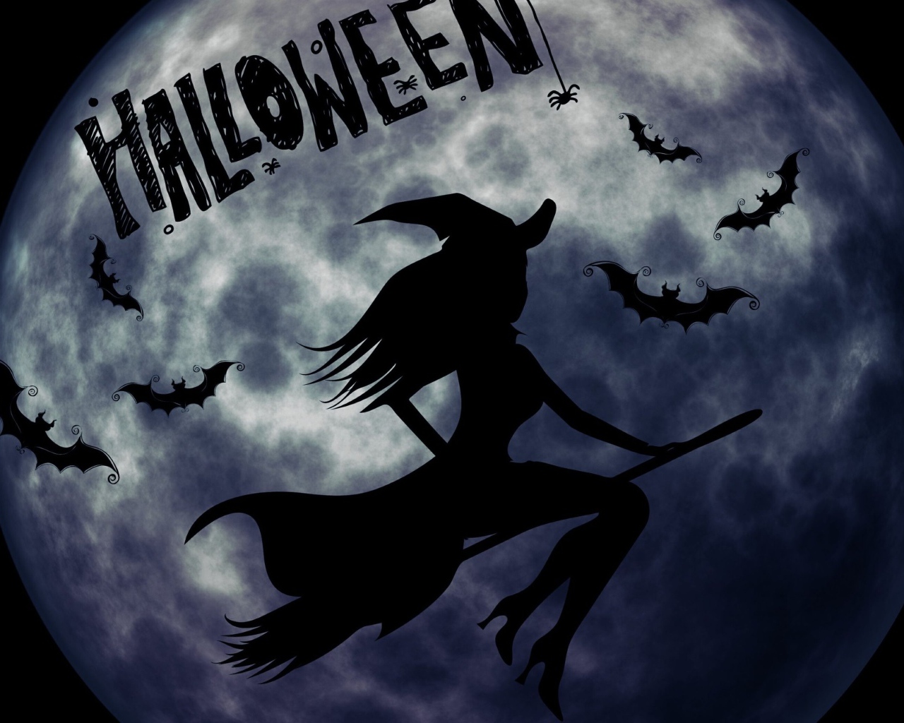 Ведьма на метле на фоне луны на праздник Хэллоуин, 31 октября