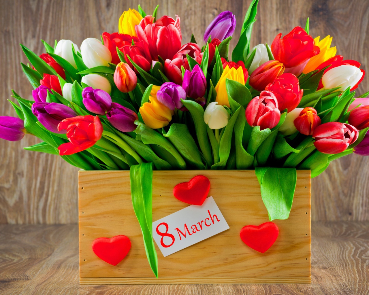 Ящик разноцветных тюльпанов на Международный женский день 8 марта