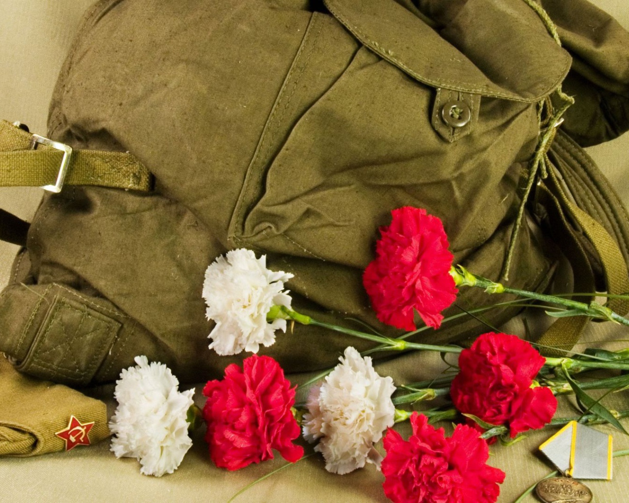 Рюкзак, букет гвоздик и орден на 9 мая