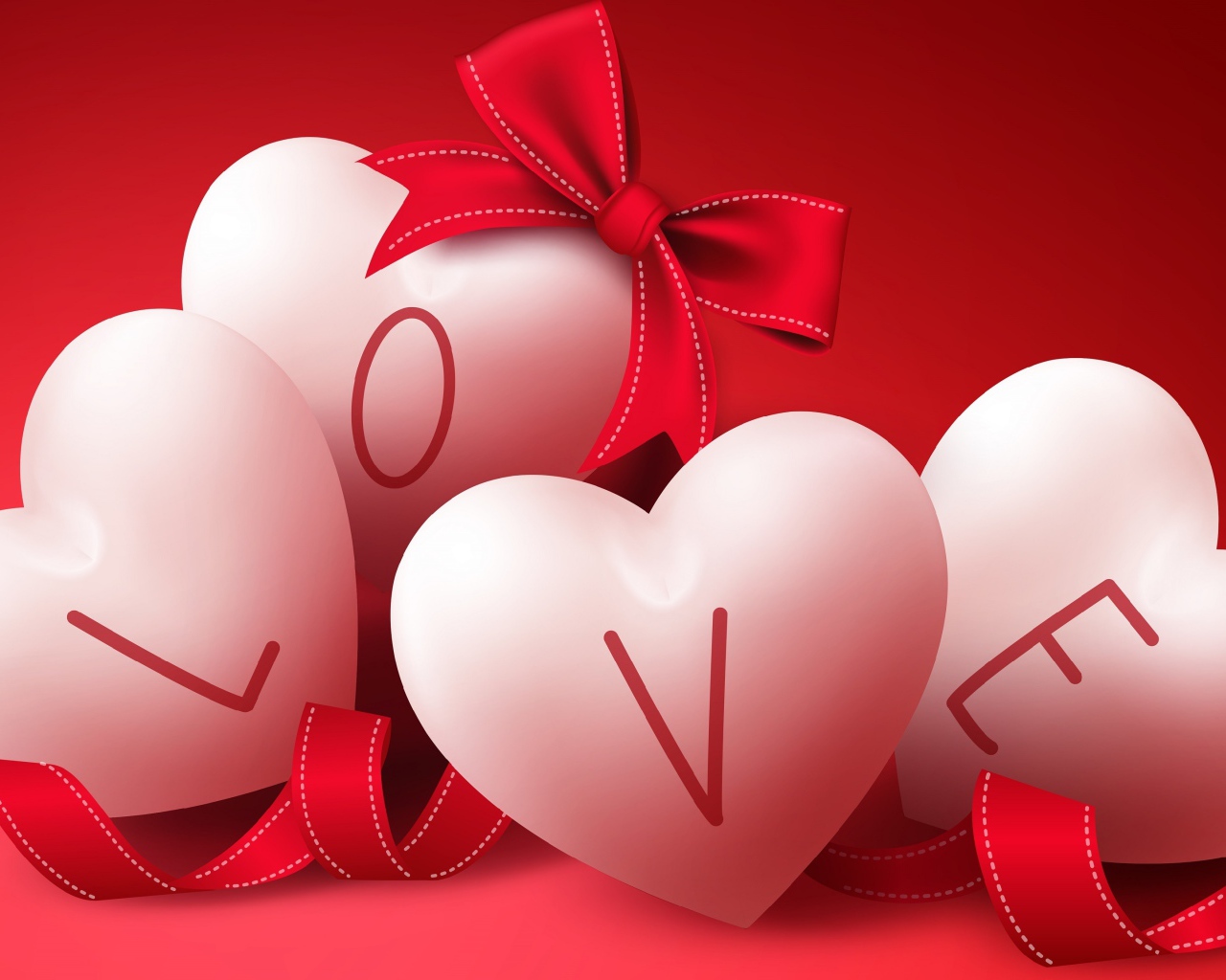 Большие белые сердечки на красном фоне с бантом