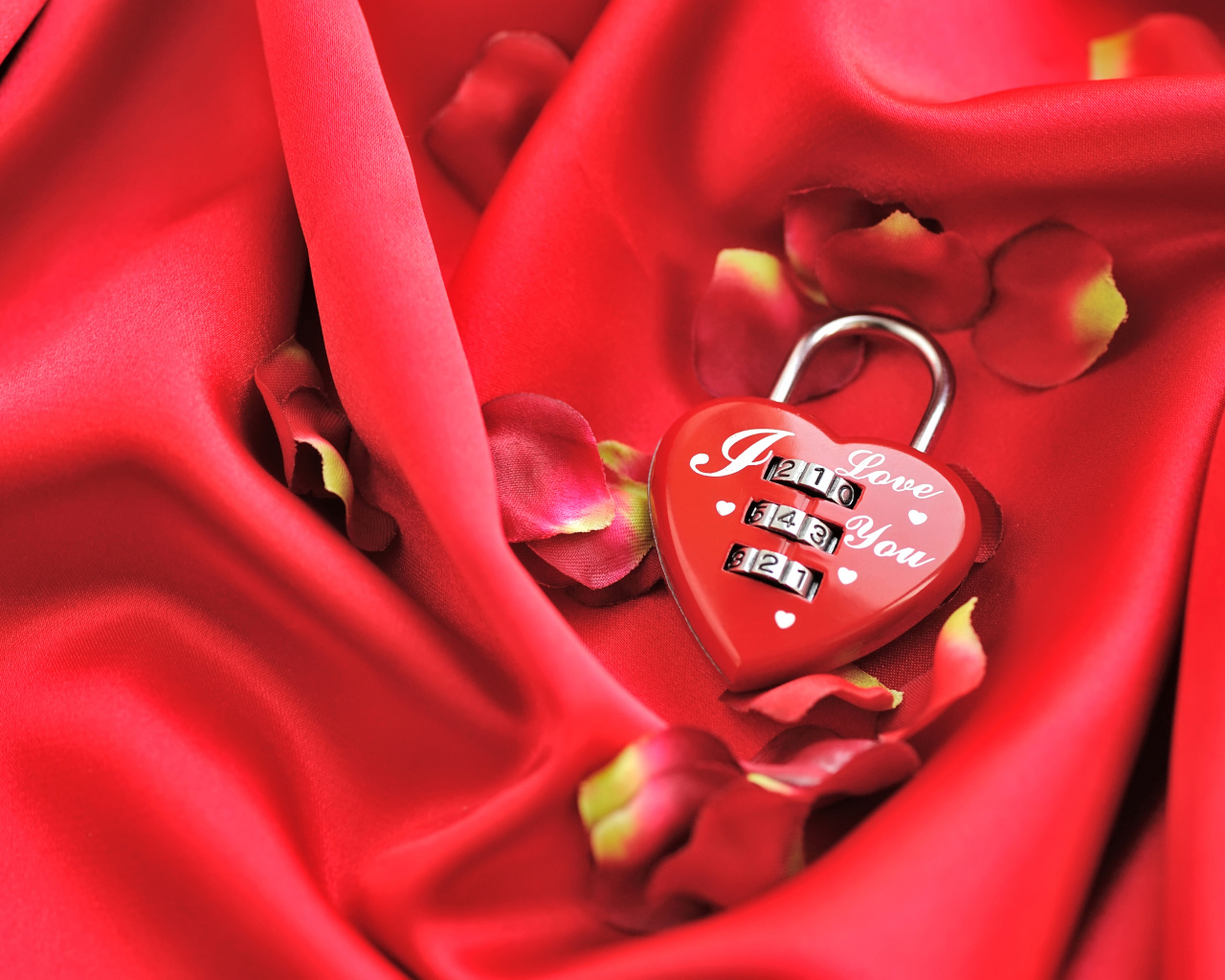 Кодовый замок в форме сердца на красном фоне с лепестками розы