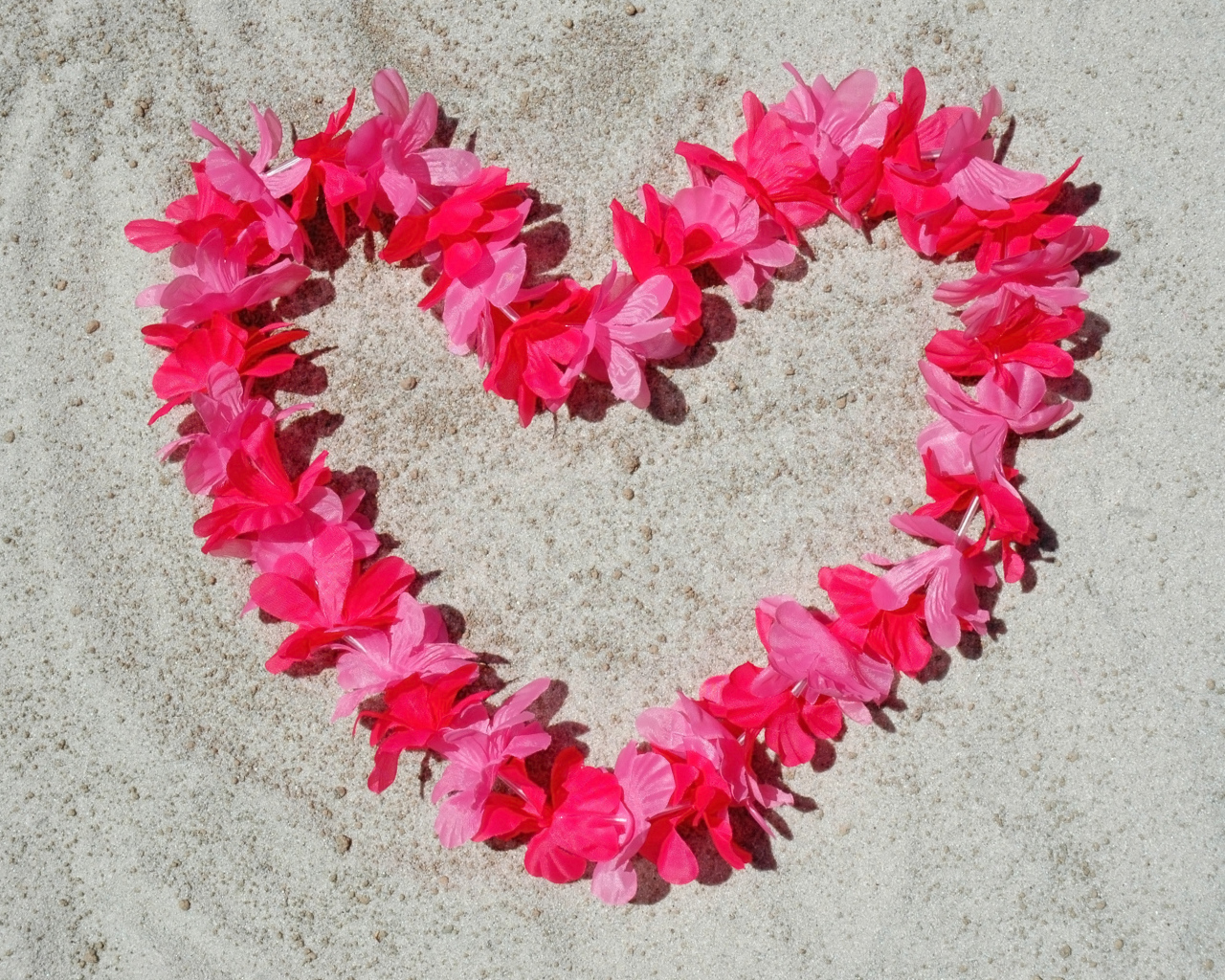 Сердце из розовых цветов на песке