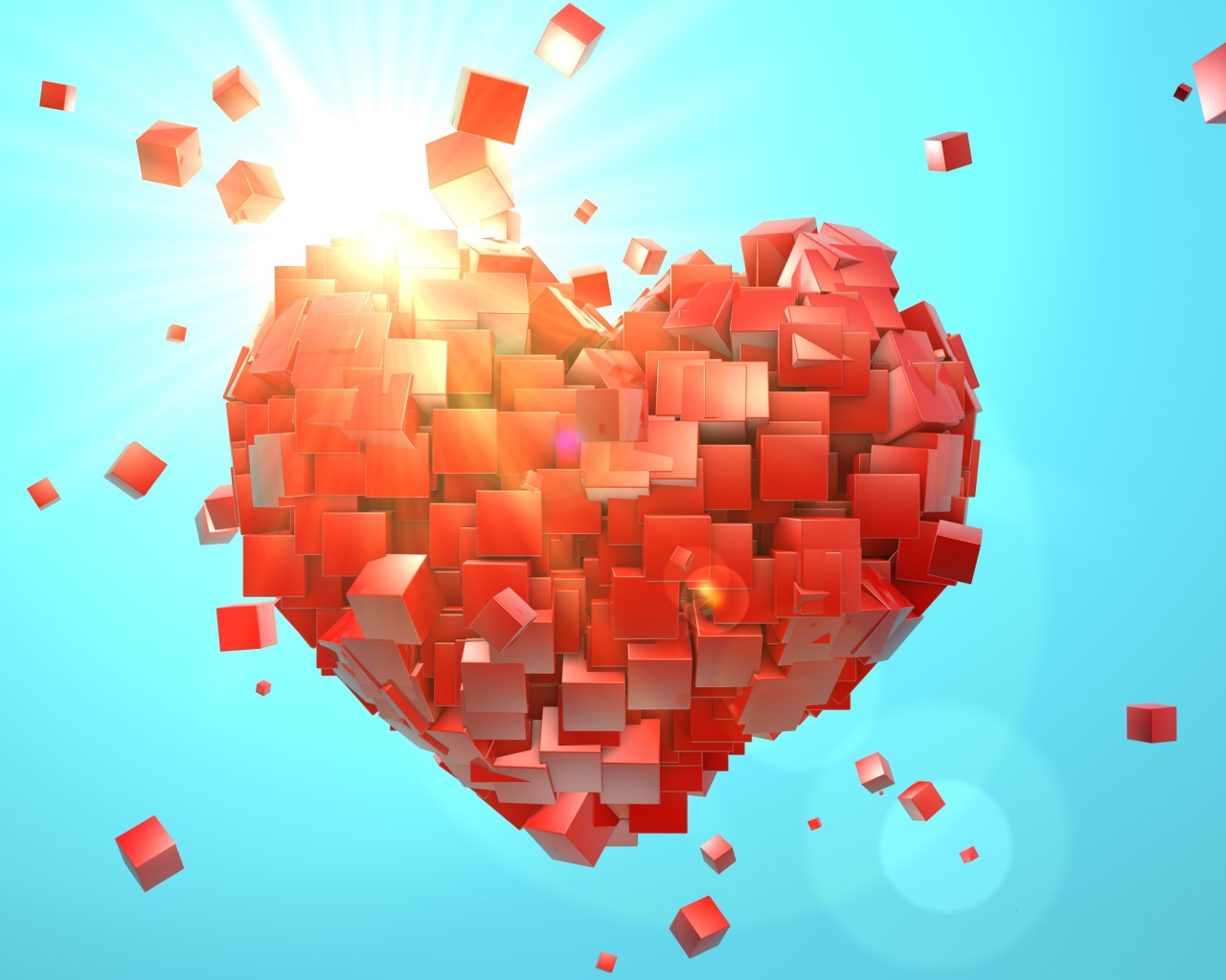 Сердце из красных кубиков на голубом фоне