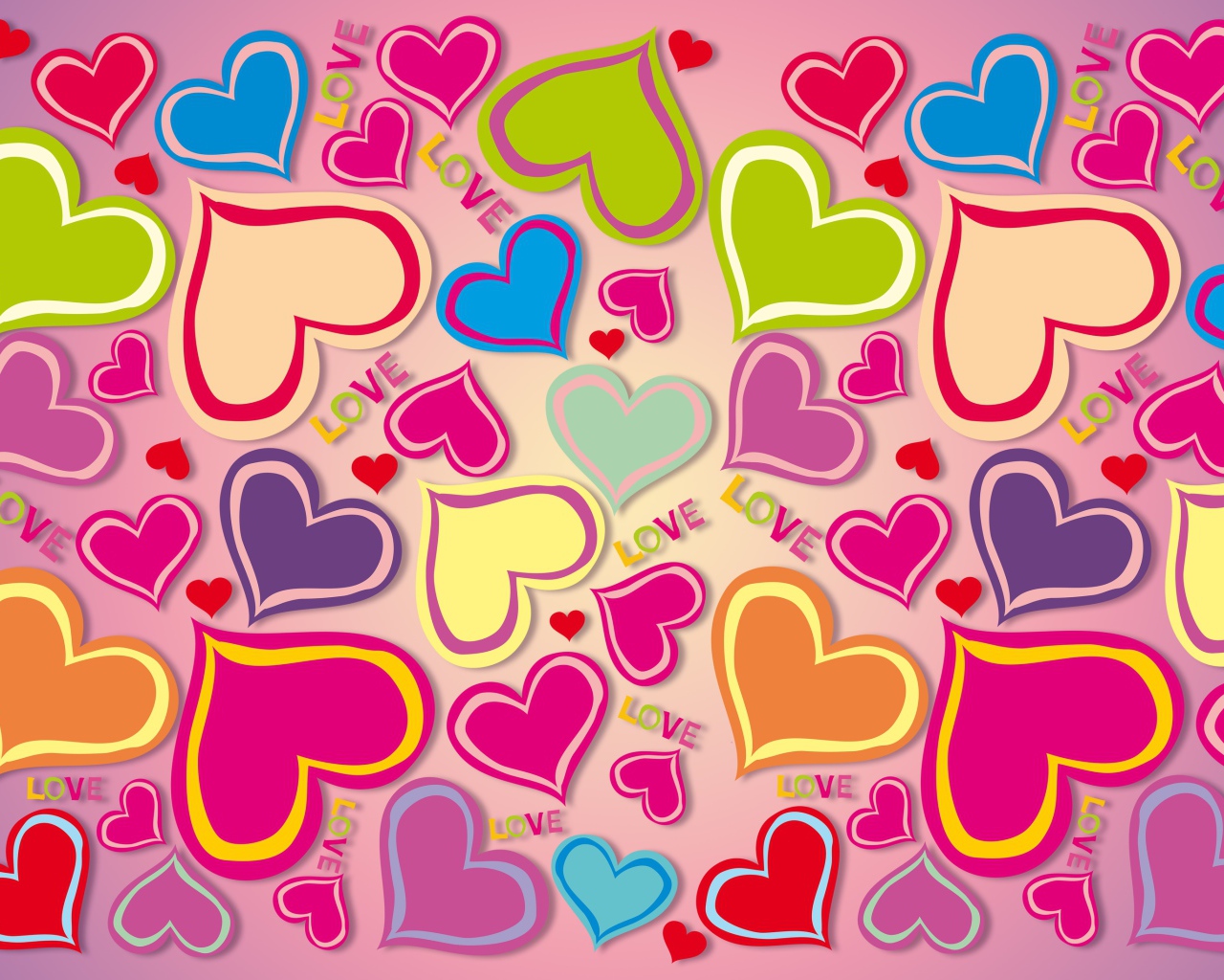 Много разноцветных сердечек на розовом фоне