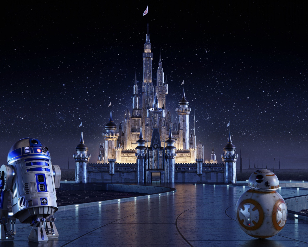 Роботы R2-D2 и BB-8 на фоне замка Disney