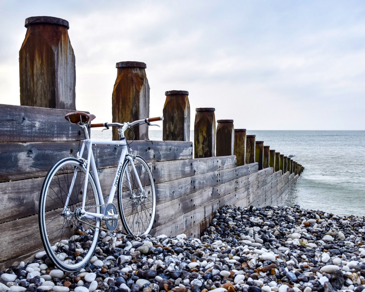 Велосипед стоит и моста на берегу моря