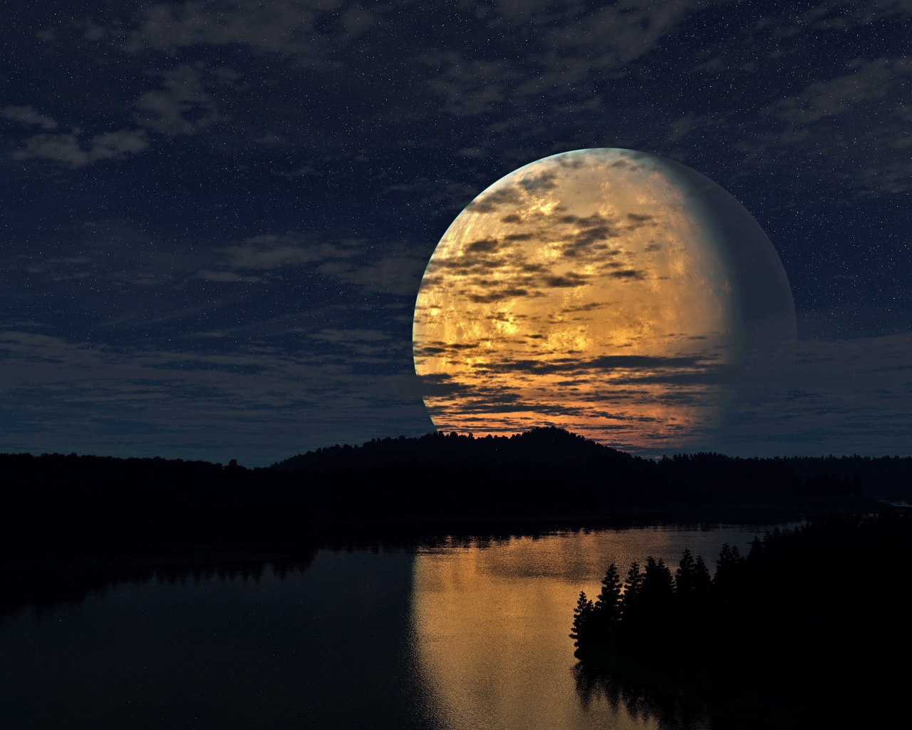 Огромная луна отражается в реке ночью