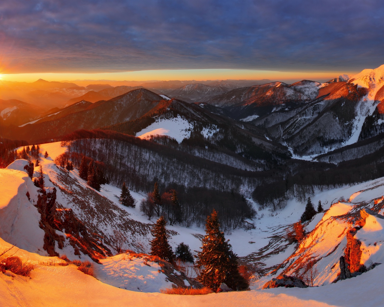Заснеженные горы, покрытые деревьями в лучах солнца на закате