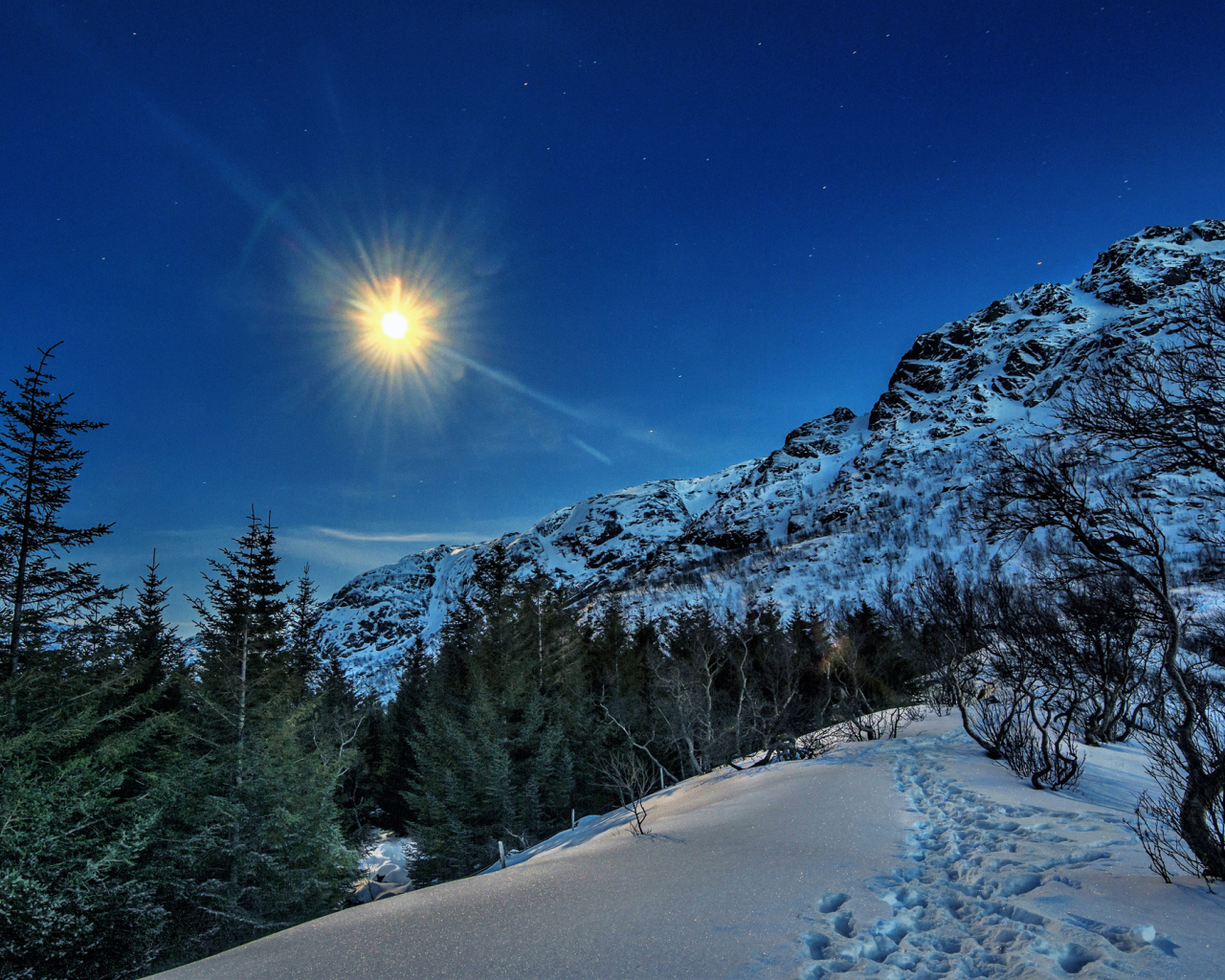Солнце над заснеженными горами и лесом,  Лофотенские острова. Норвегия
