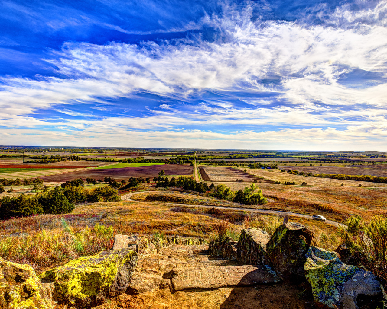 Вид на поле под красивым голубым небом с белыми облаками