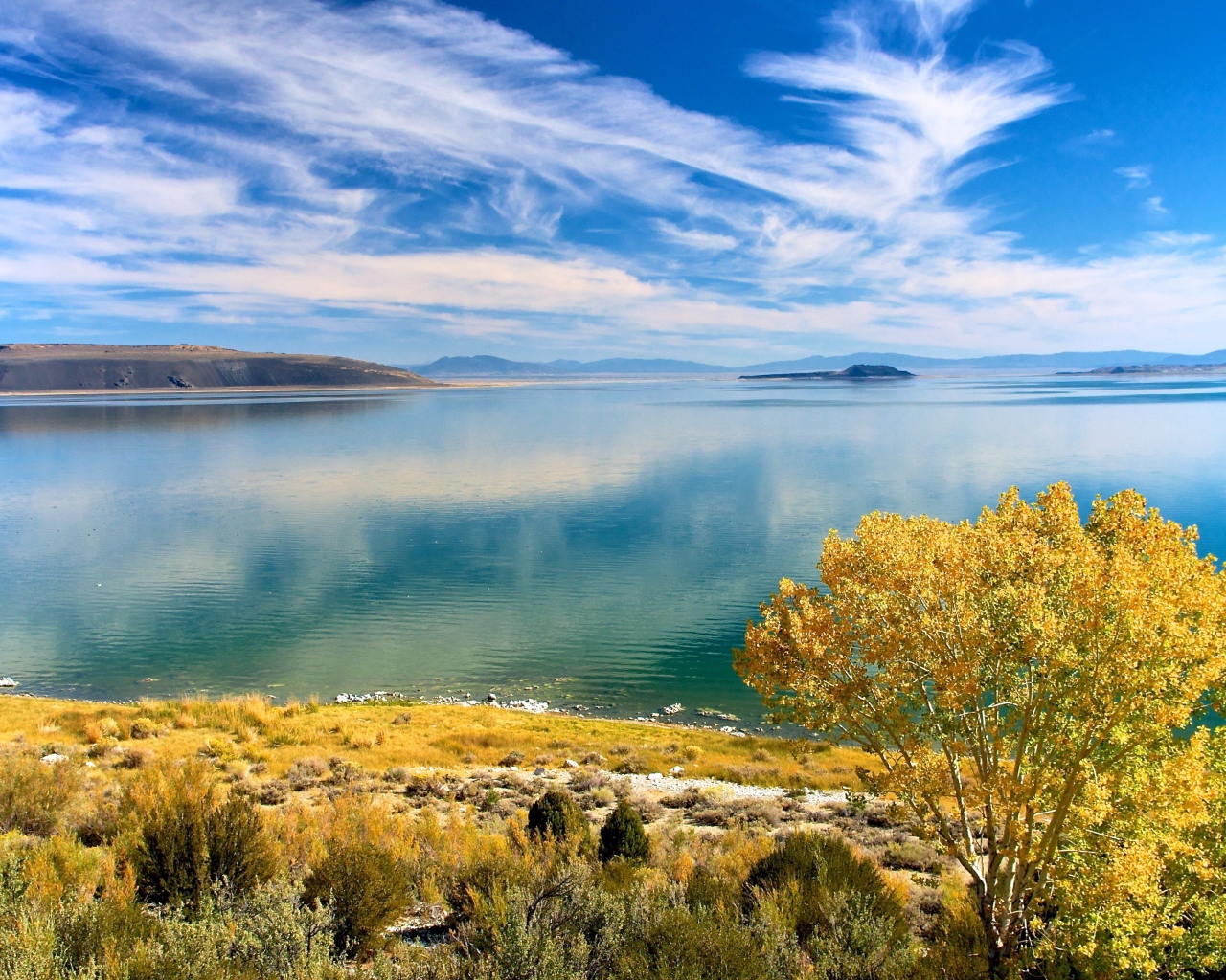 Белые облака в голубом небе отражаются в озере