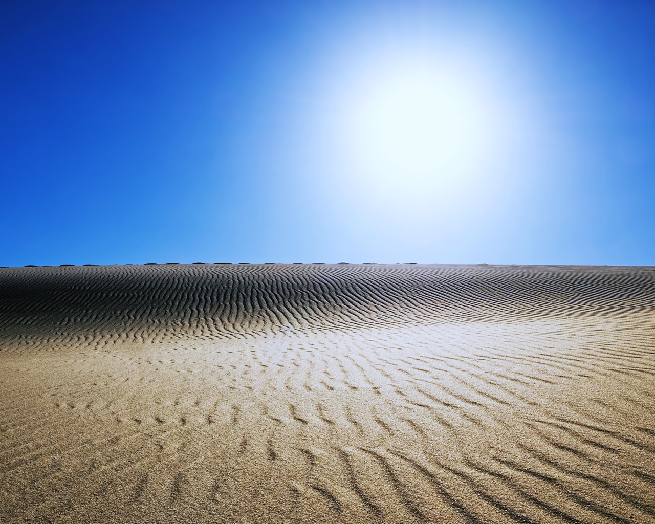 Волнистый песок в пустыне под палящим солнцем в голубом небе 