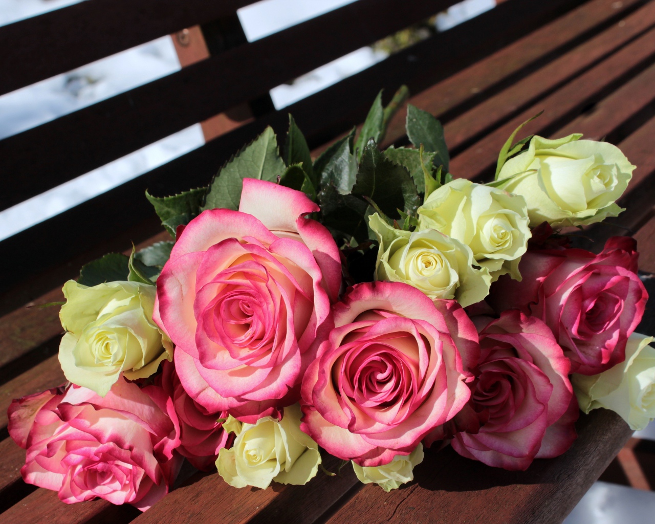 Букет розовых и белых роз лежит на лавке в парке