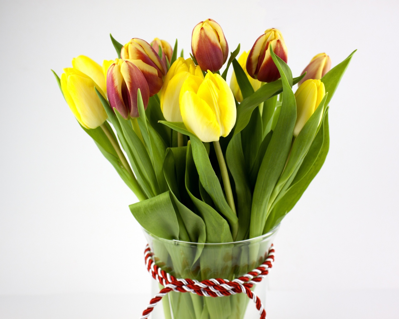 Букет желтых и красно-желтых тюльпанов на сером фоне