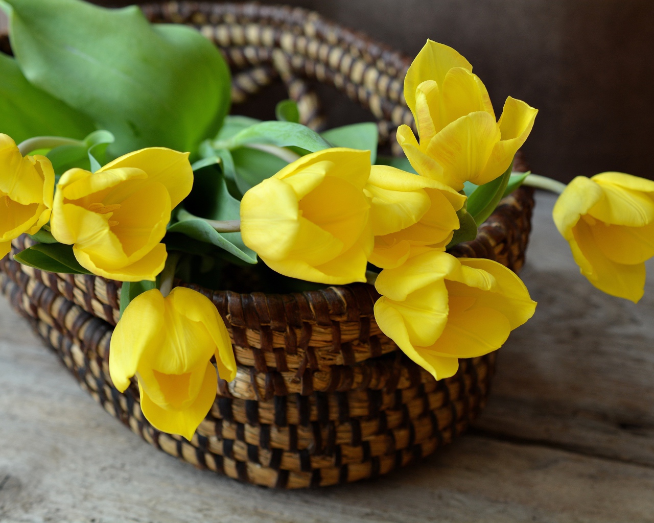 Букет желтых тюльпанов в корзине