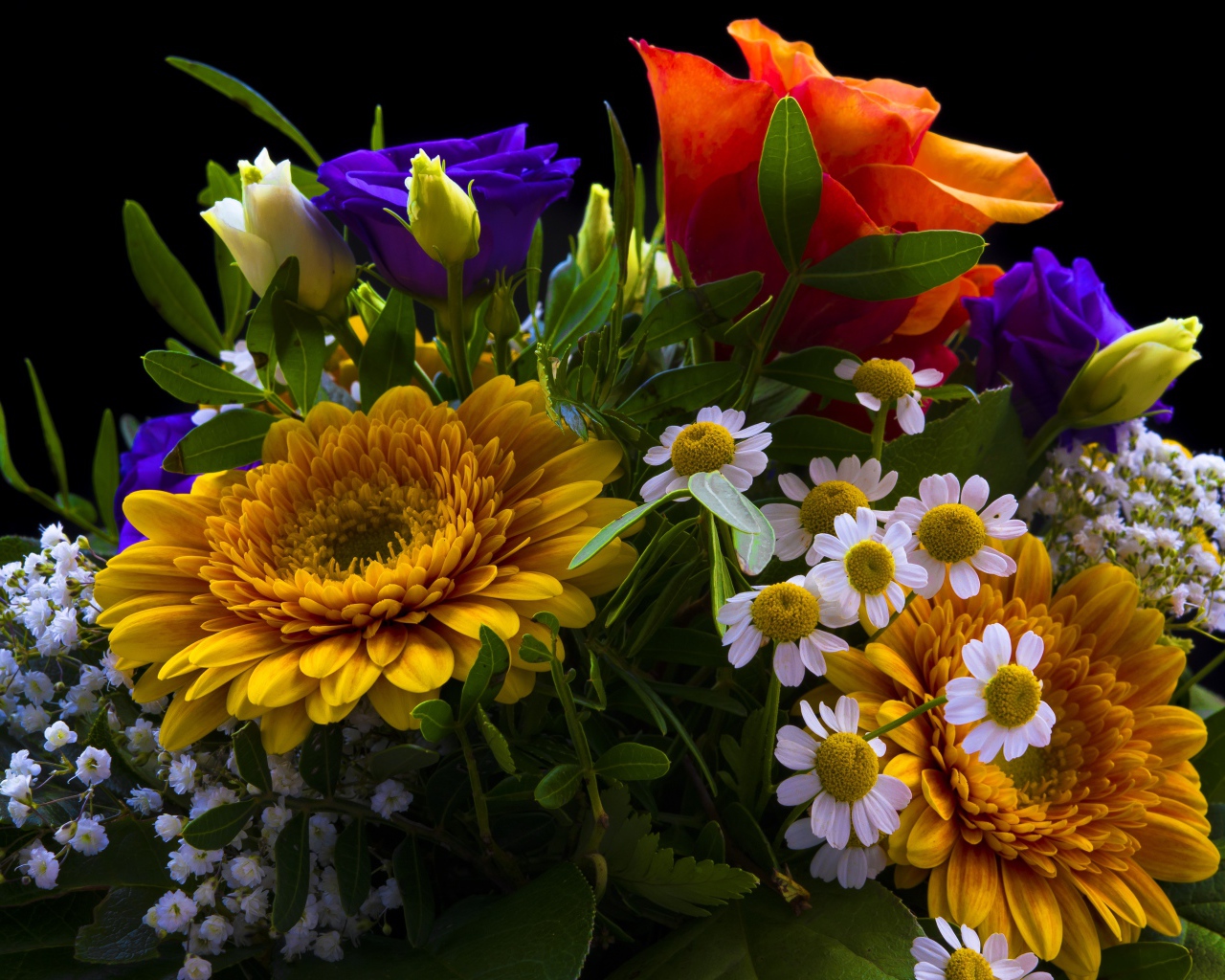 Красивый букет разноцветных цветов на черном фоне