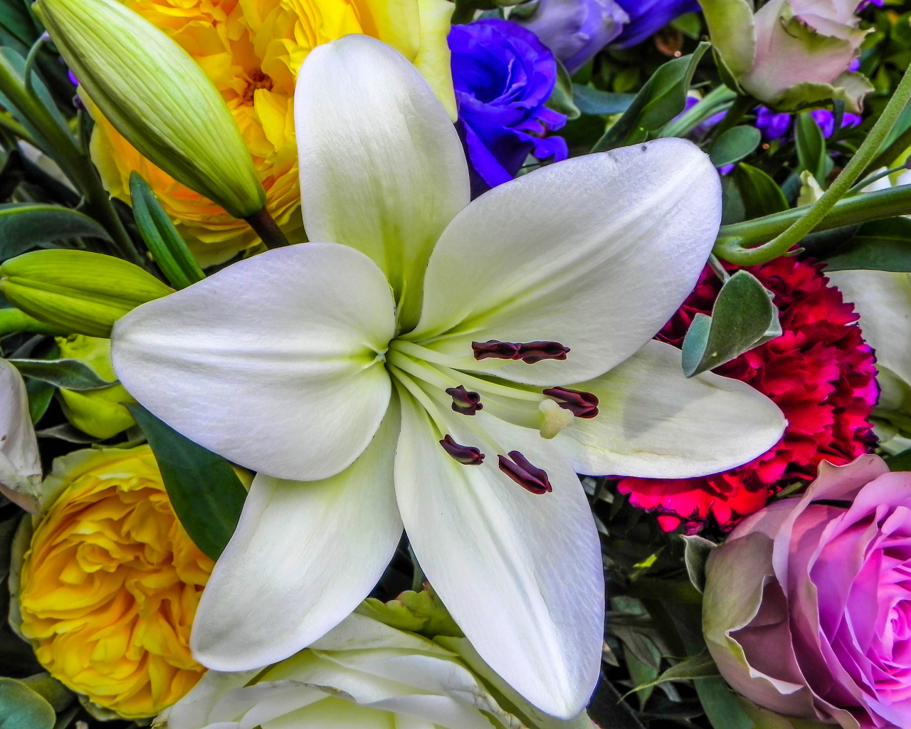 Красивая крупная белая лилия в букете крупным планом 