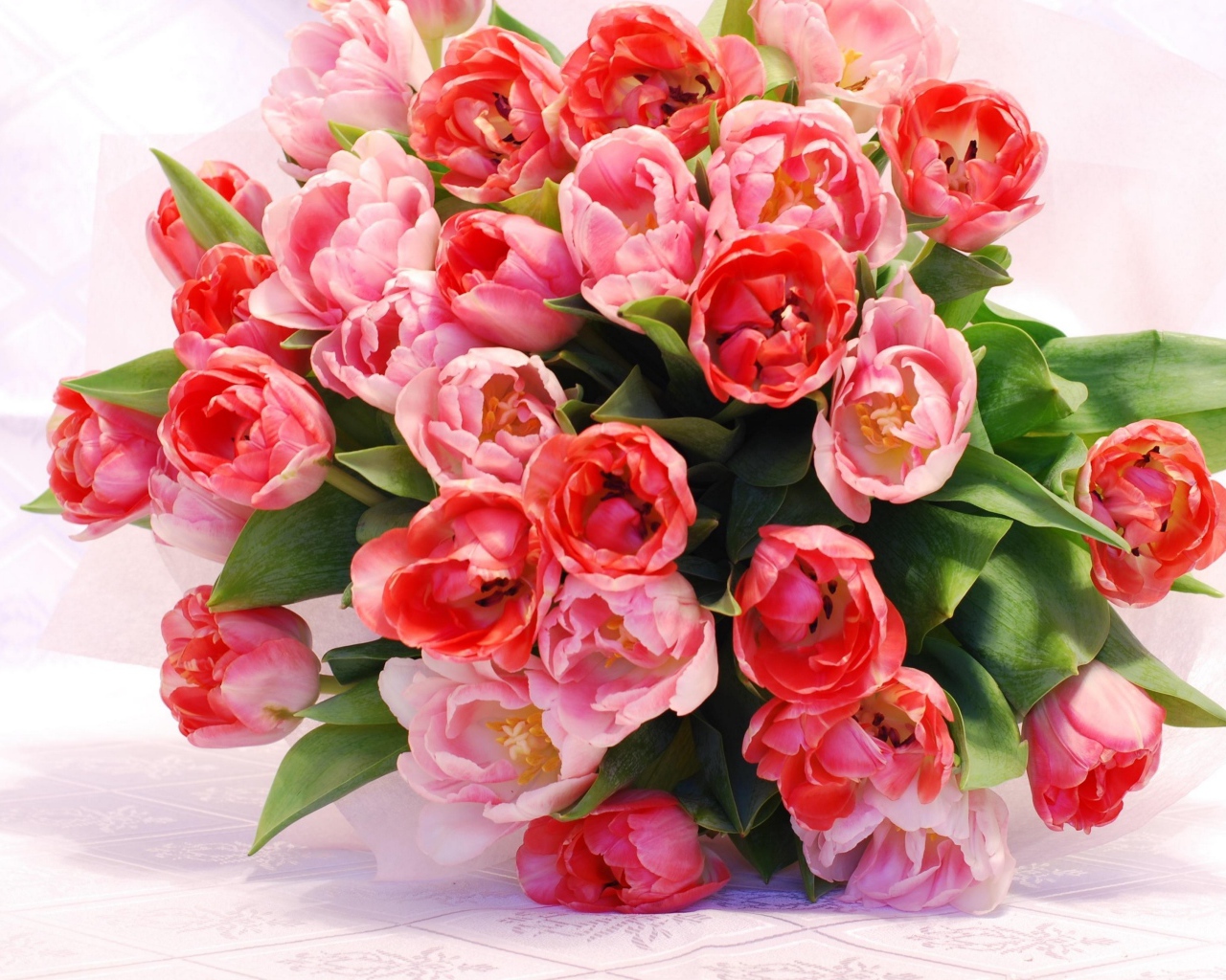 Большой красивый букет розовых тюльпанов крупным планом