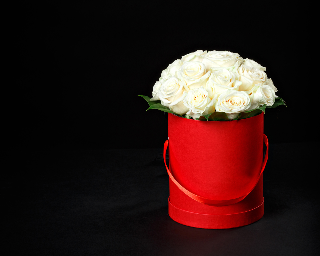 Букет белых роз в красном ведре на черном фоне