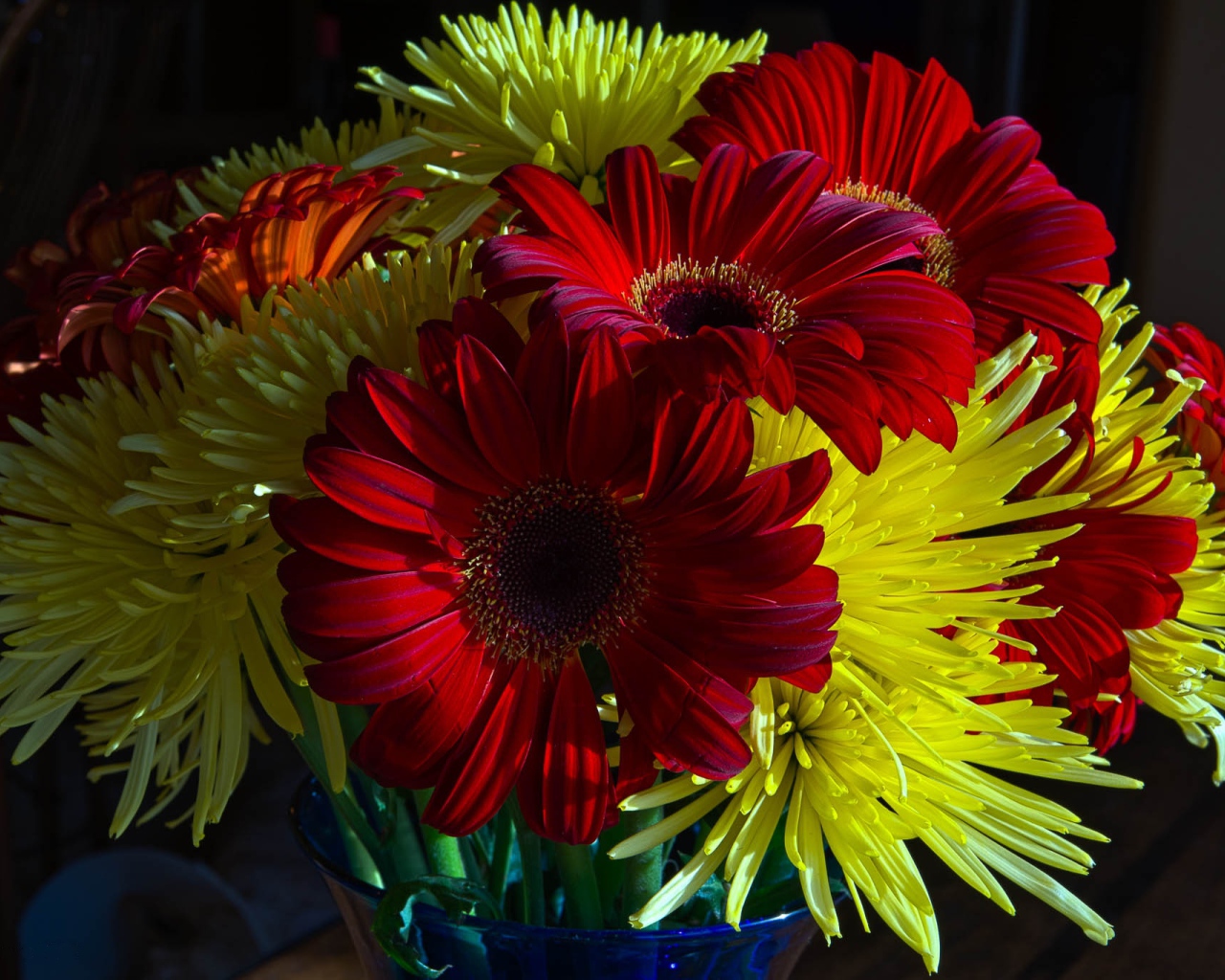 Букет желтых хризантем с красными герберами 