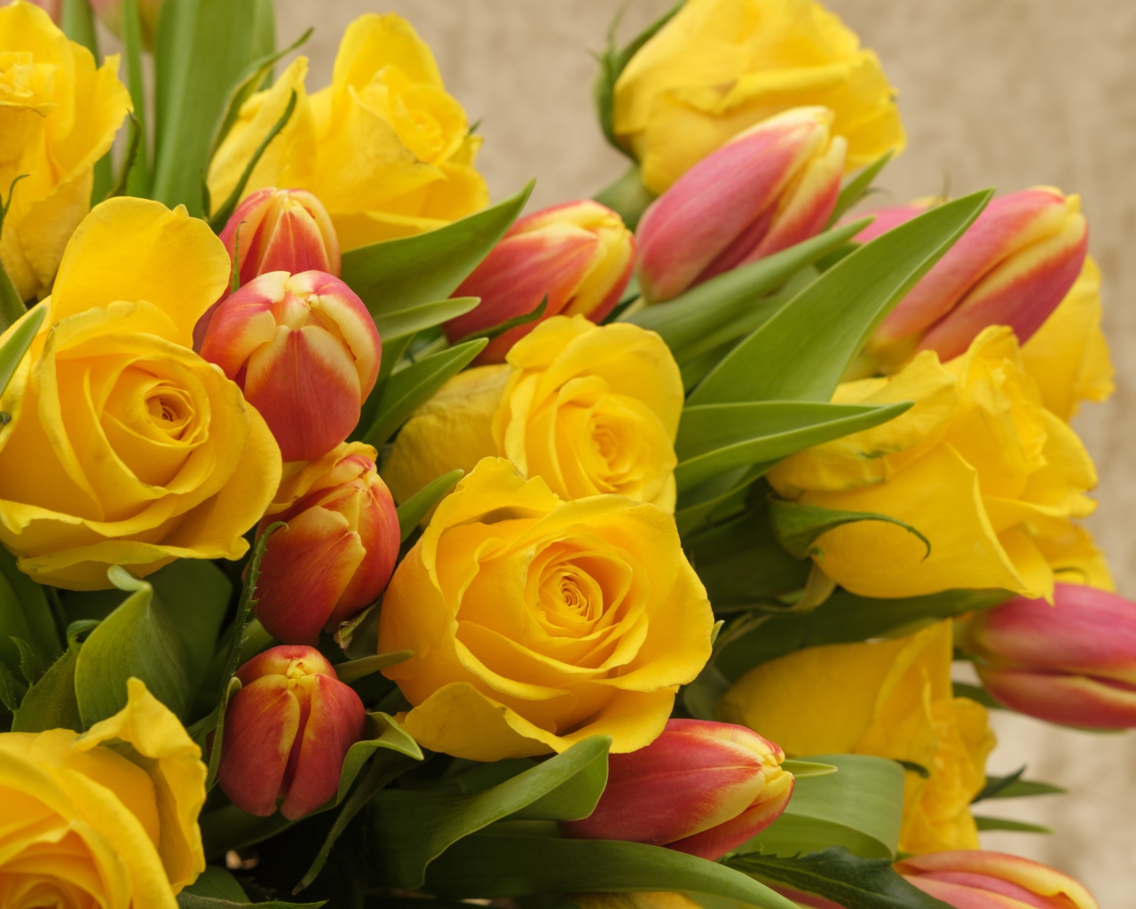 Букет желтых  роз с тюльпанами