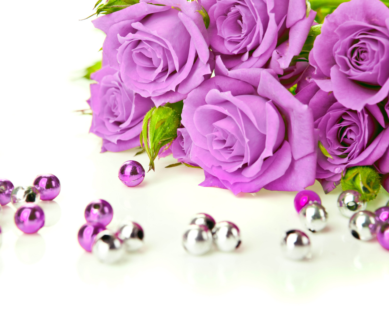 Сиреневые розы с бусинами на белом фоне