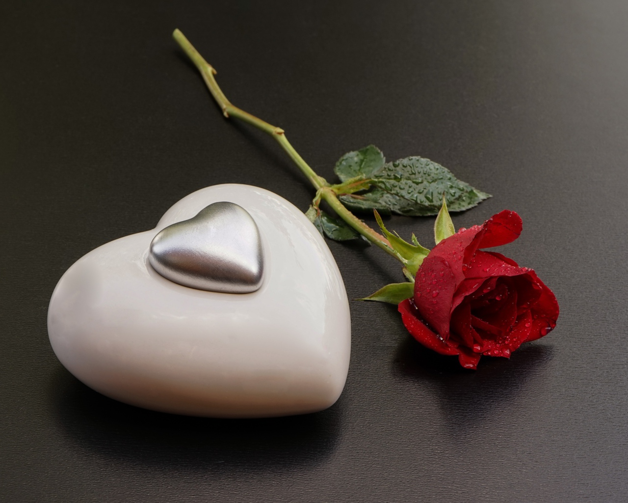 Красная роза с большим белым сердцем на сером фоне