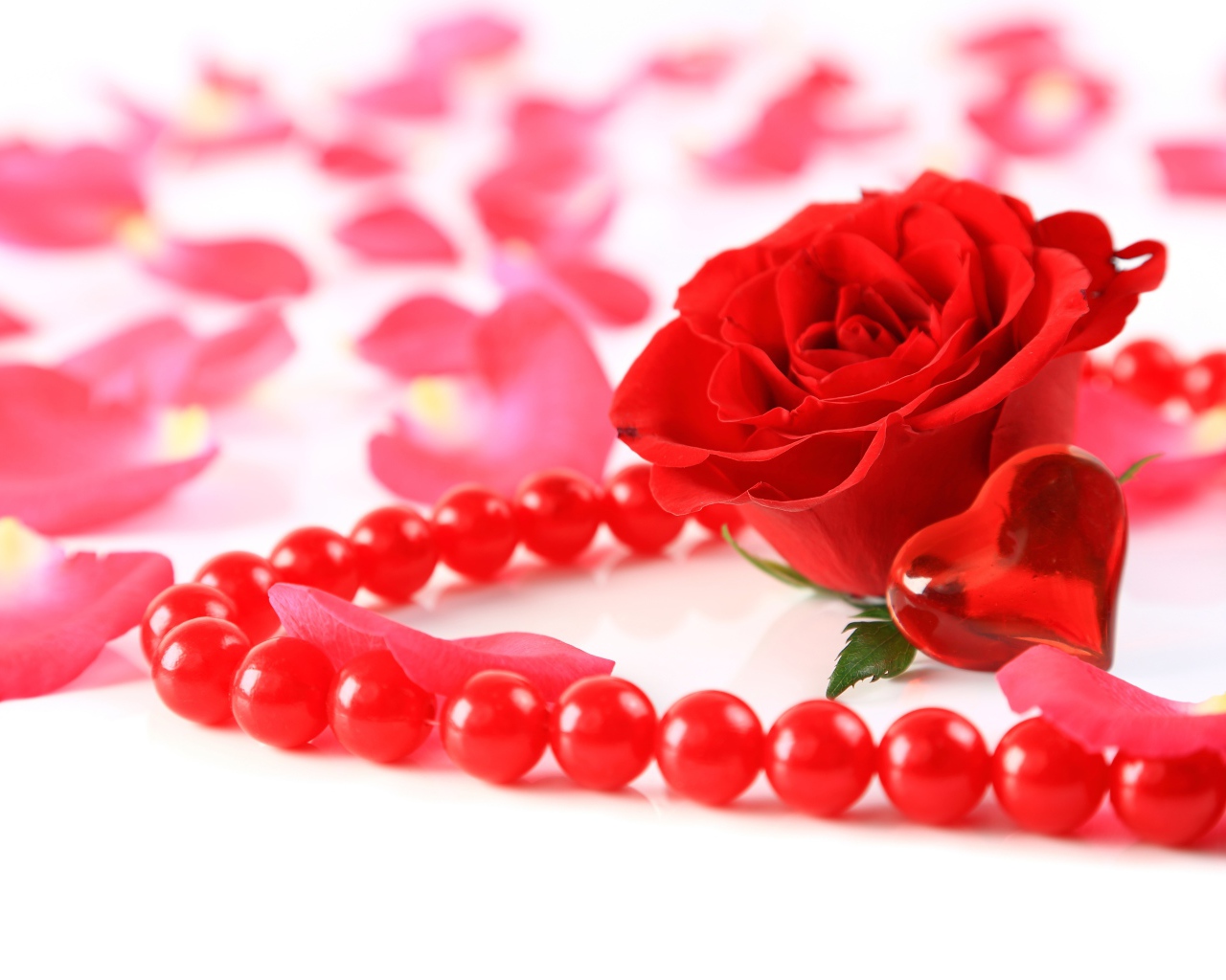 Красная роза с бусами и маленьким красным сердечком
