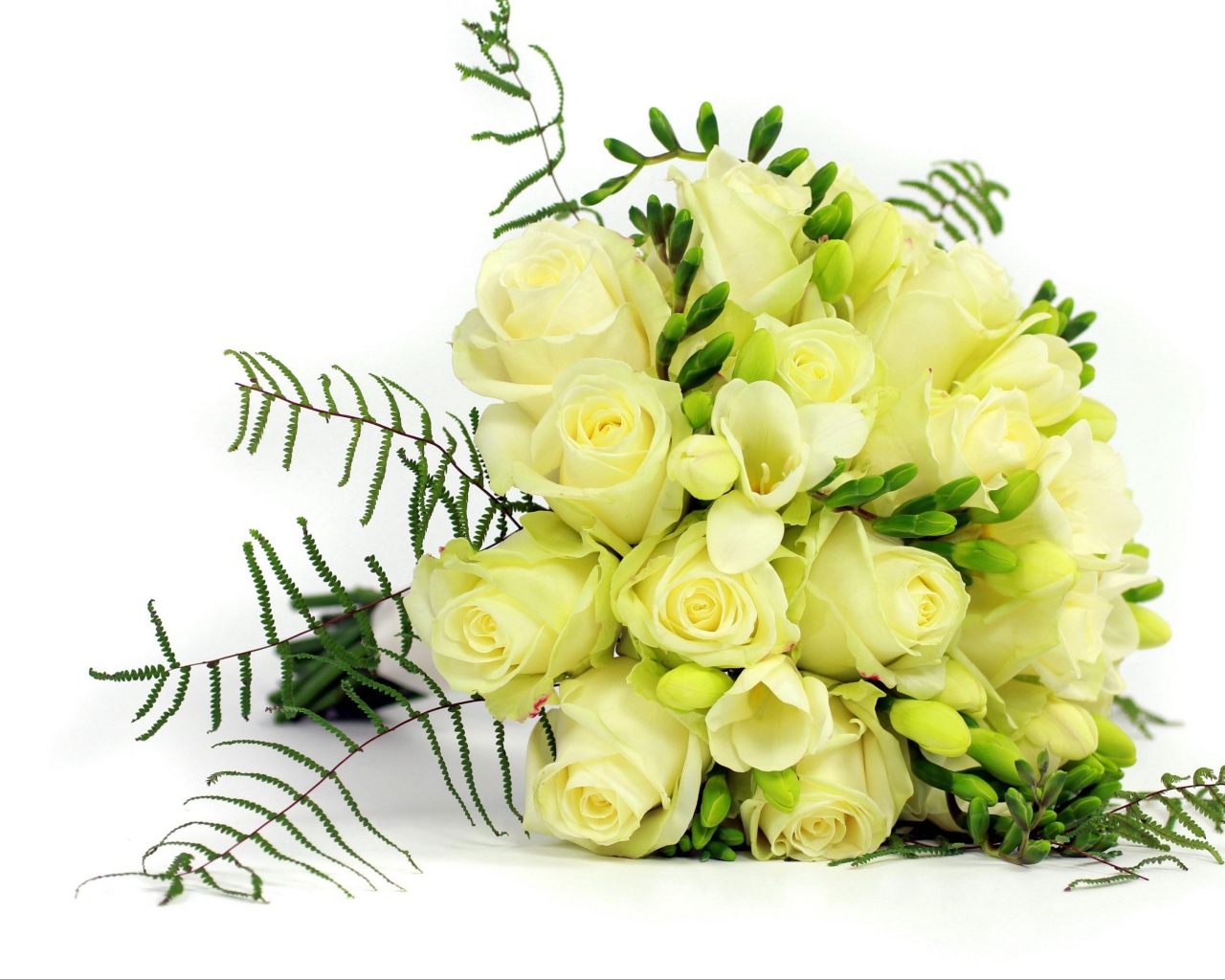 Белые цветы роз и фрезии в праздничном букете на белом фоне