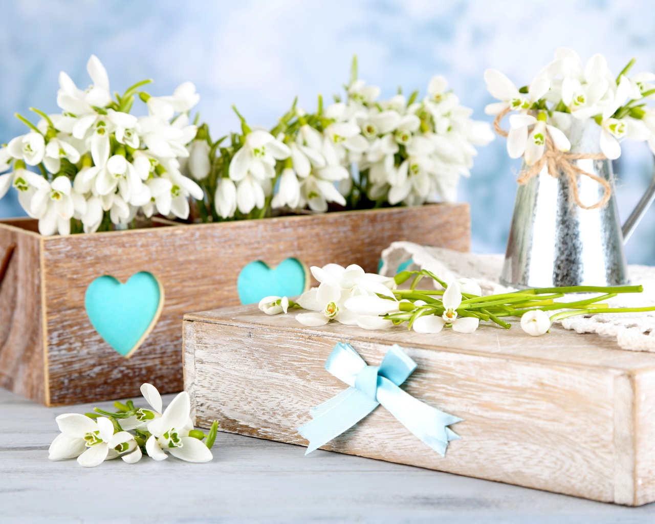 Красивые нежные белые подснежники в деревянном ящике