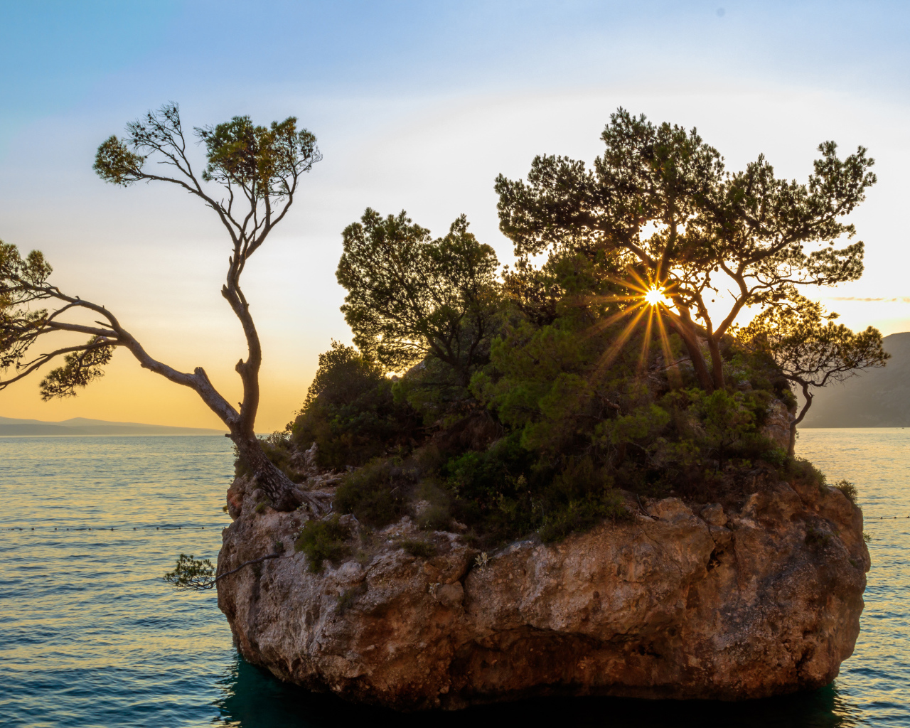 Скала с зелеными деревьями в воде на закате солнца