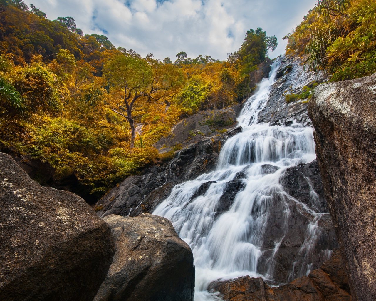 Водопад стекает со скалы на фоне леса осенью