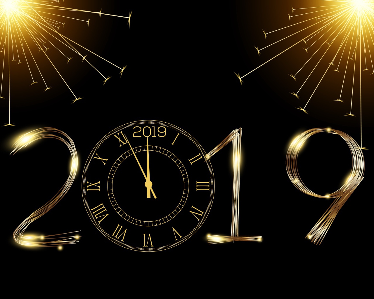 Яркие цифры 2019 с часами на черном фоне