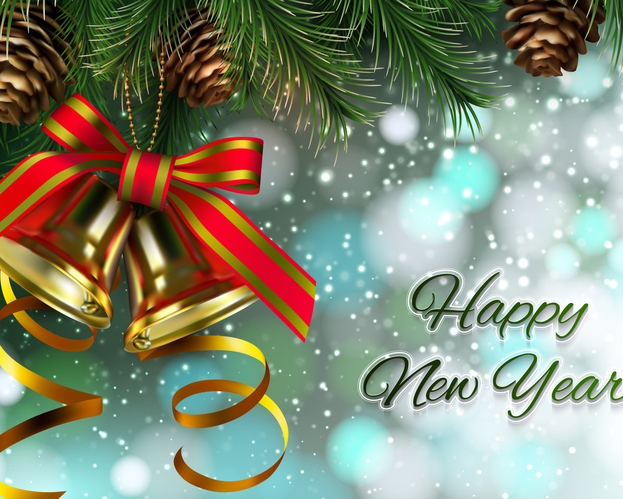 Веселые колокольчики на еловой ветки с надпись на Новый год 