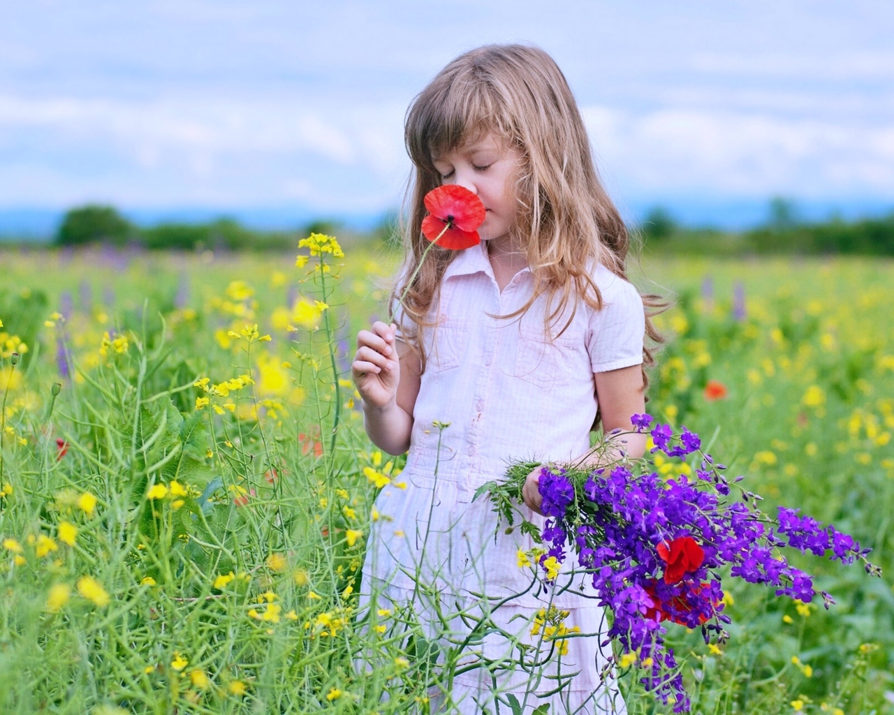 Маленькая девочка собирает на поле полевые цветы