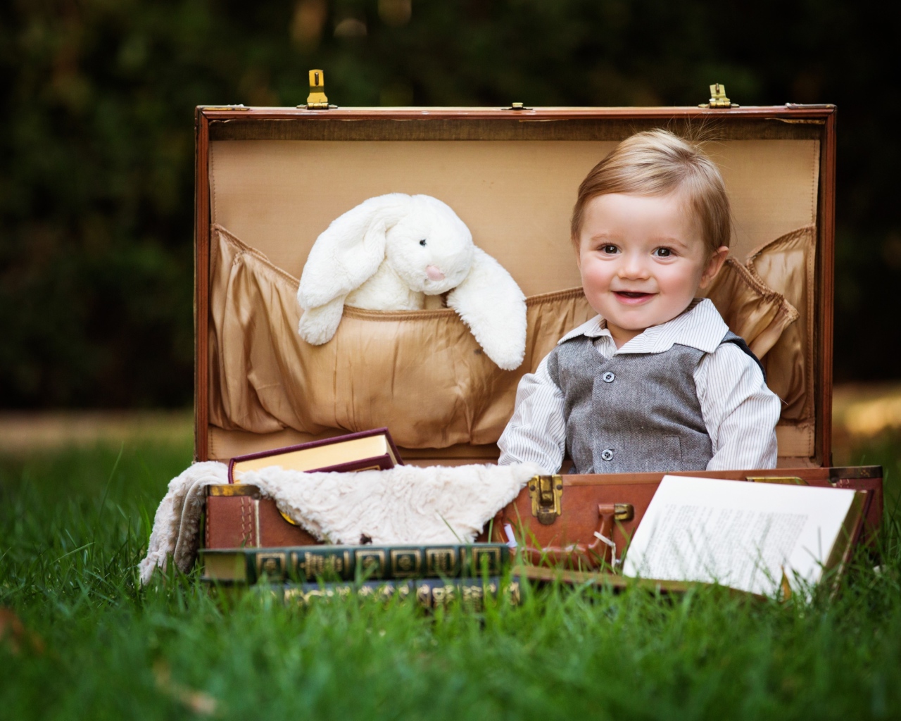 Улыбающийся мальчик сидит в чемодане с книгами