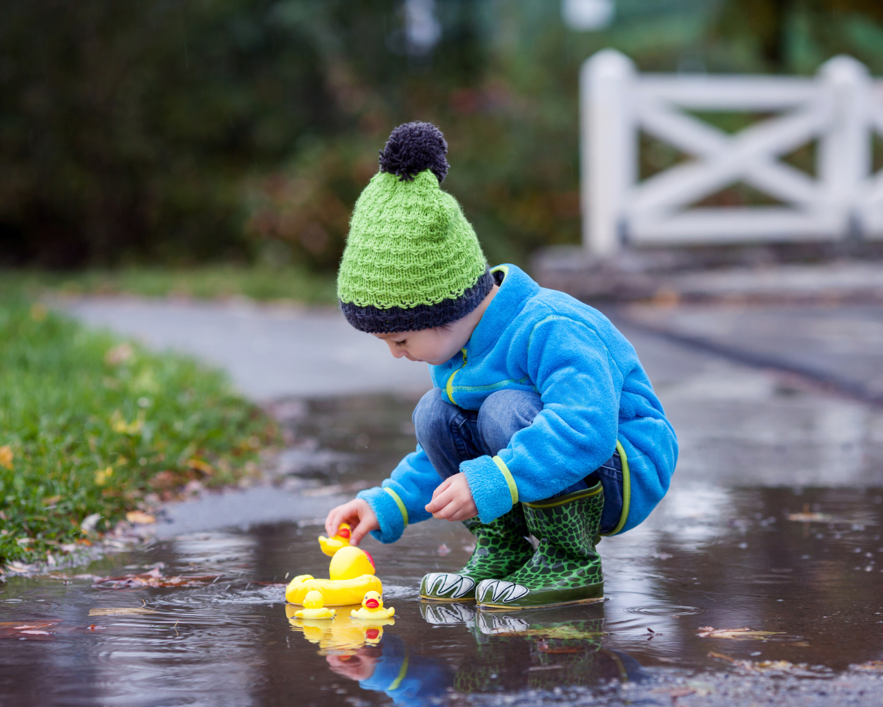 Маленький мальчик с резиновыми уточками в луже осенью