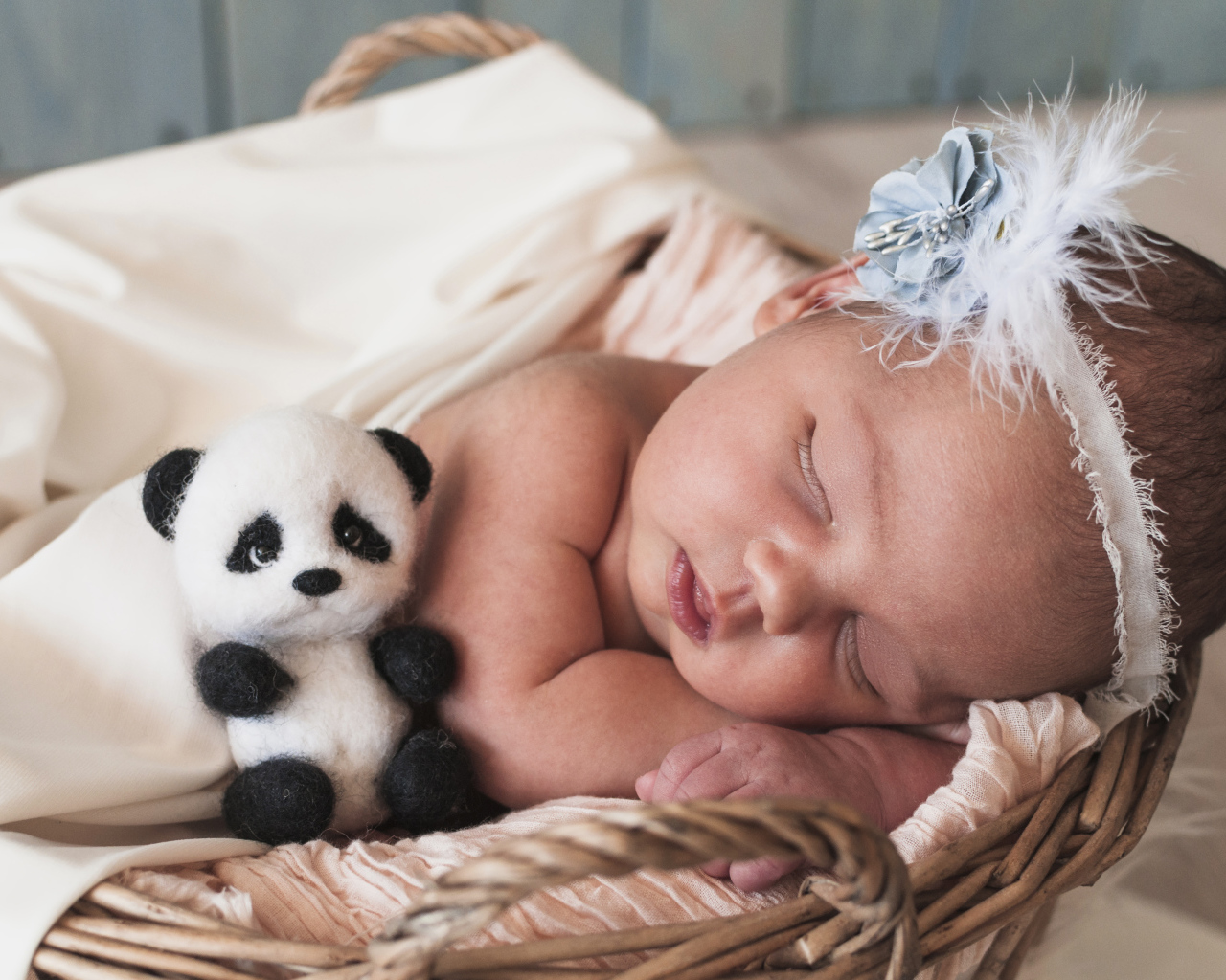 Little sleeping girl with a toy panda