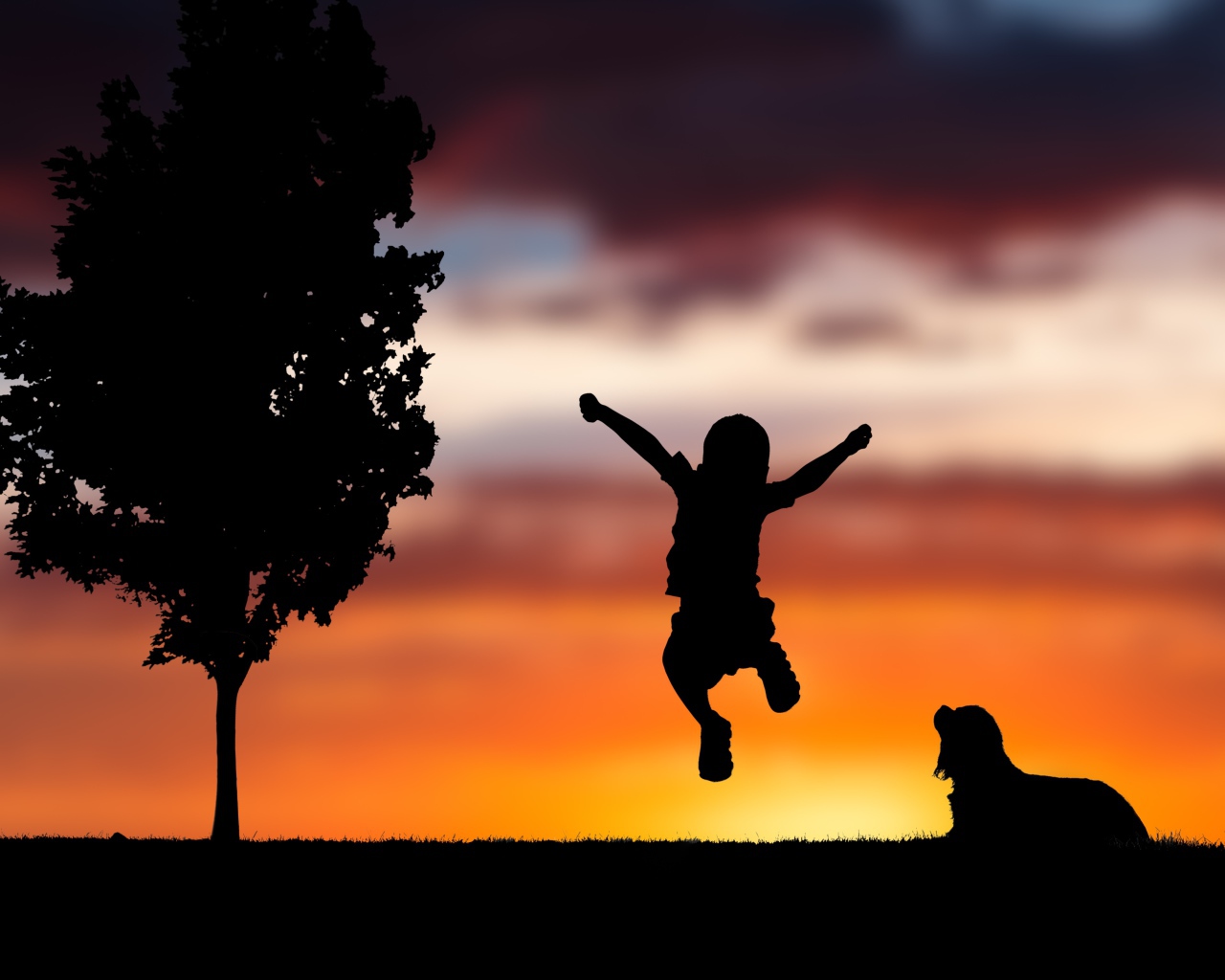Силуэт маленького мальчика с собакой на фоне заката