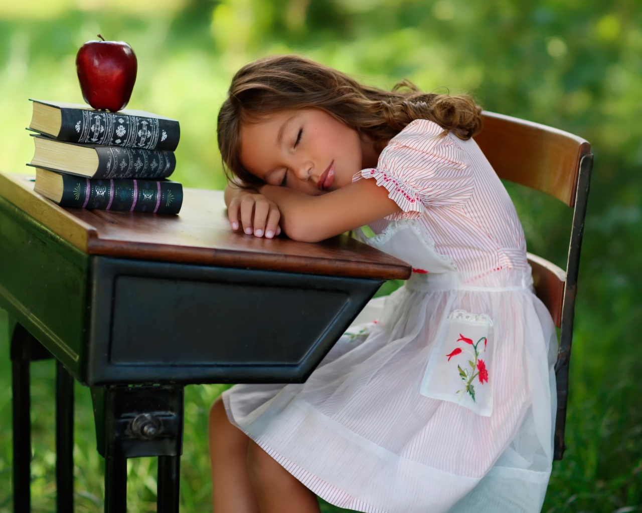 Уставшая маленькая ученица уснула за партой