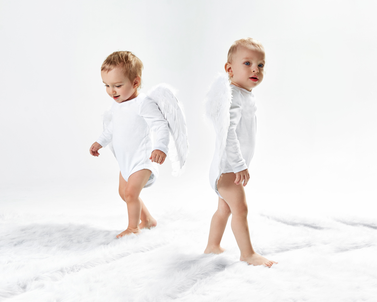 Два маленьких мальчика в костюмах ангела на белом фоне