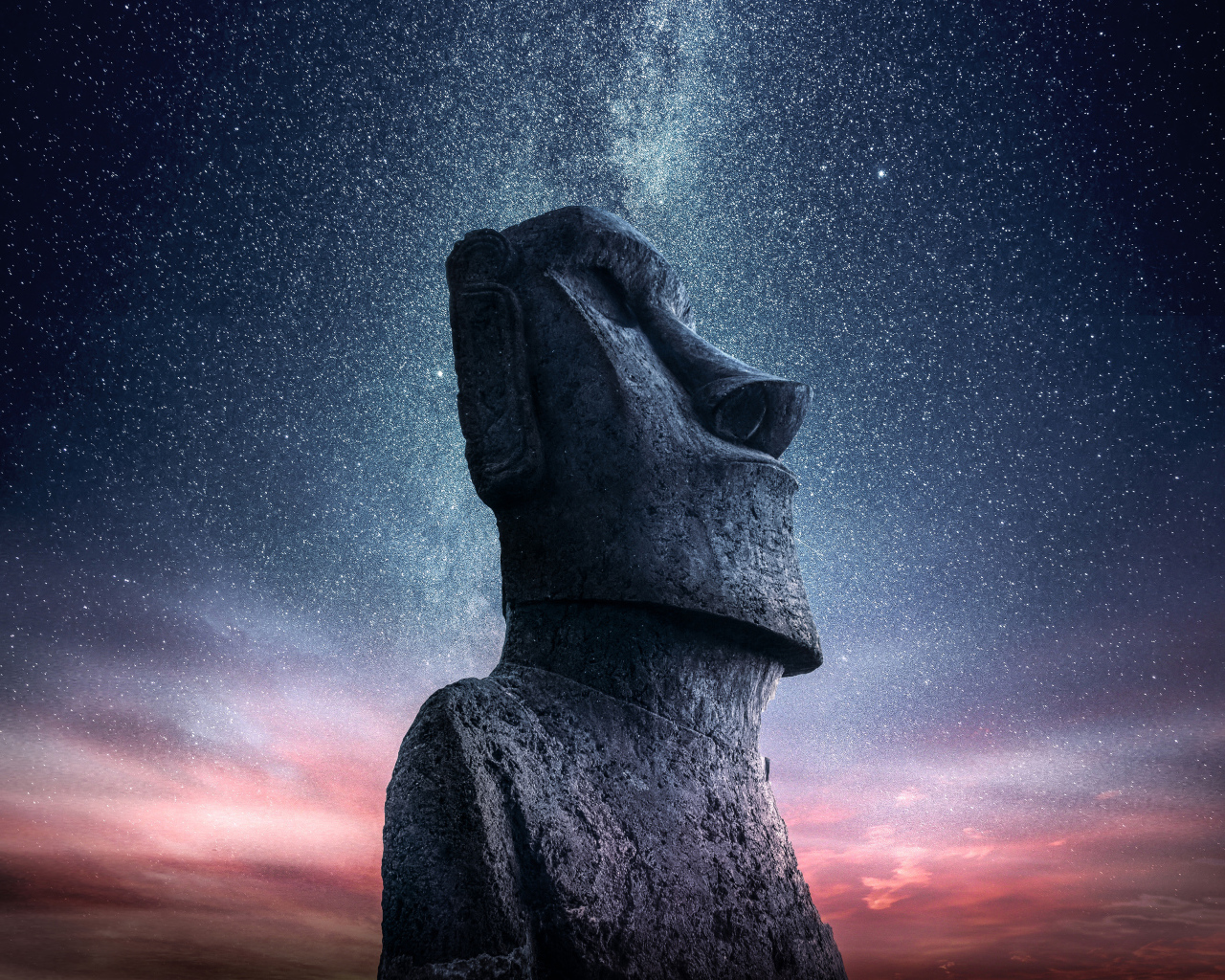 Statue of Moai under the beautiful starry sky, Chile