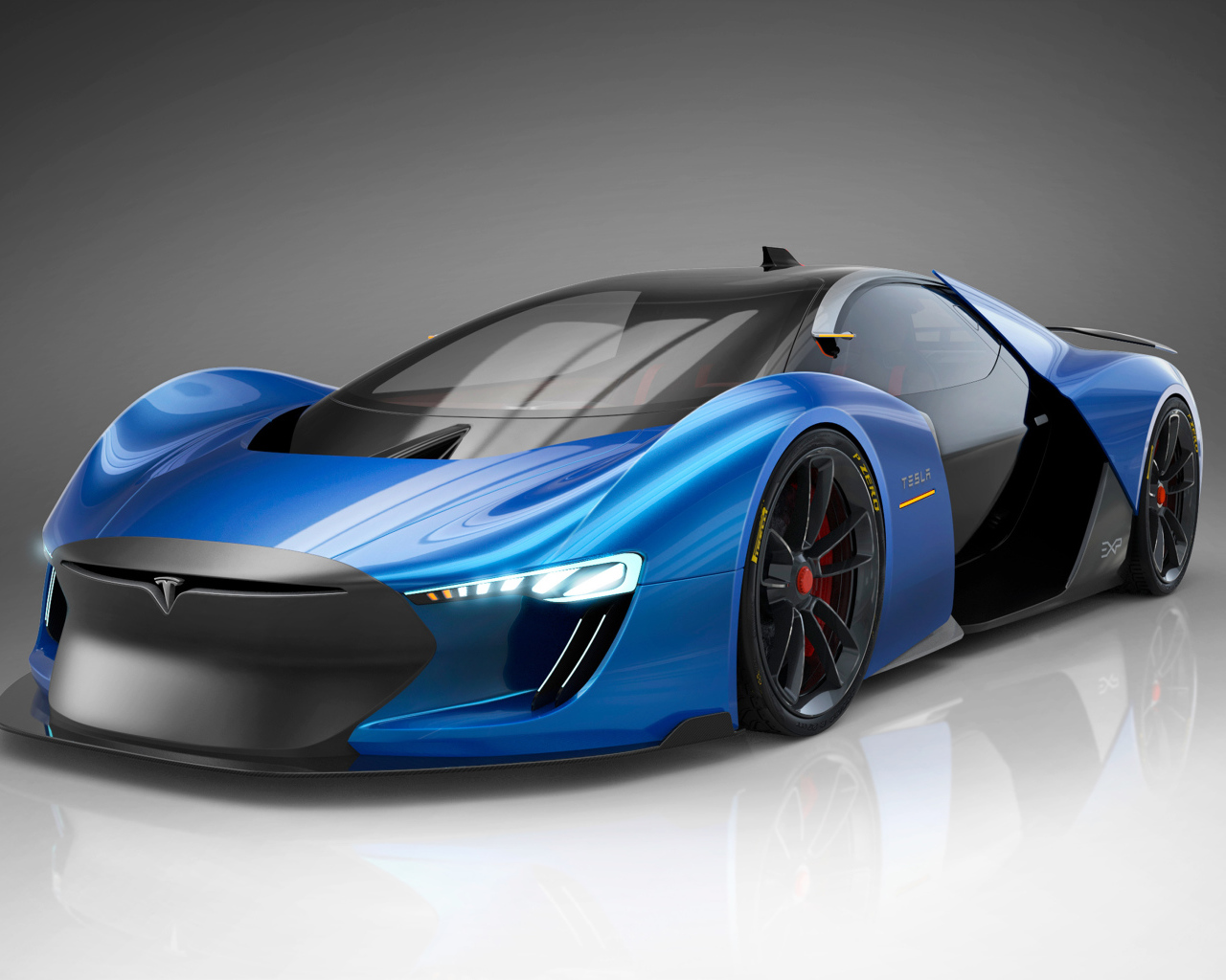 Дорогой автомобиль Tesla Model EXP, 2018 на сером фоне