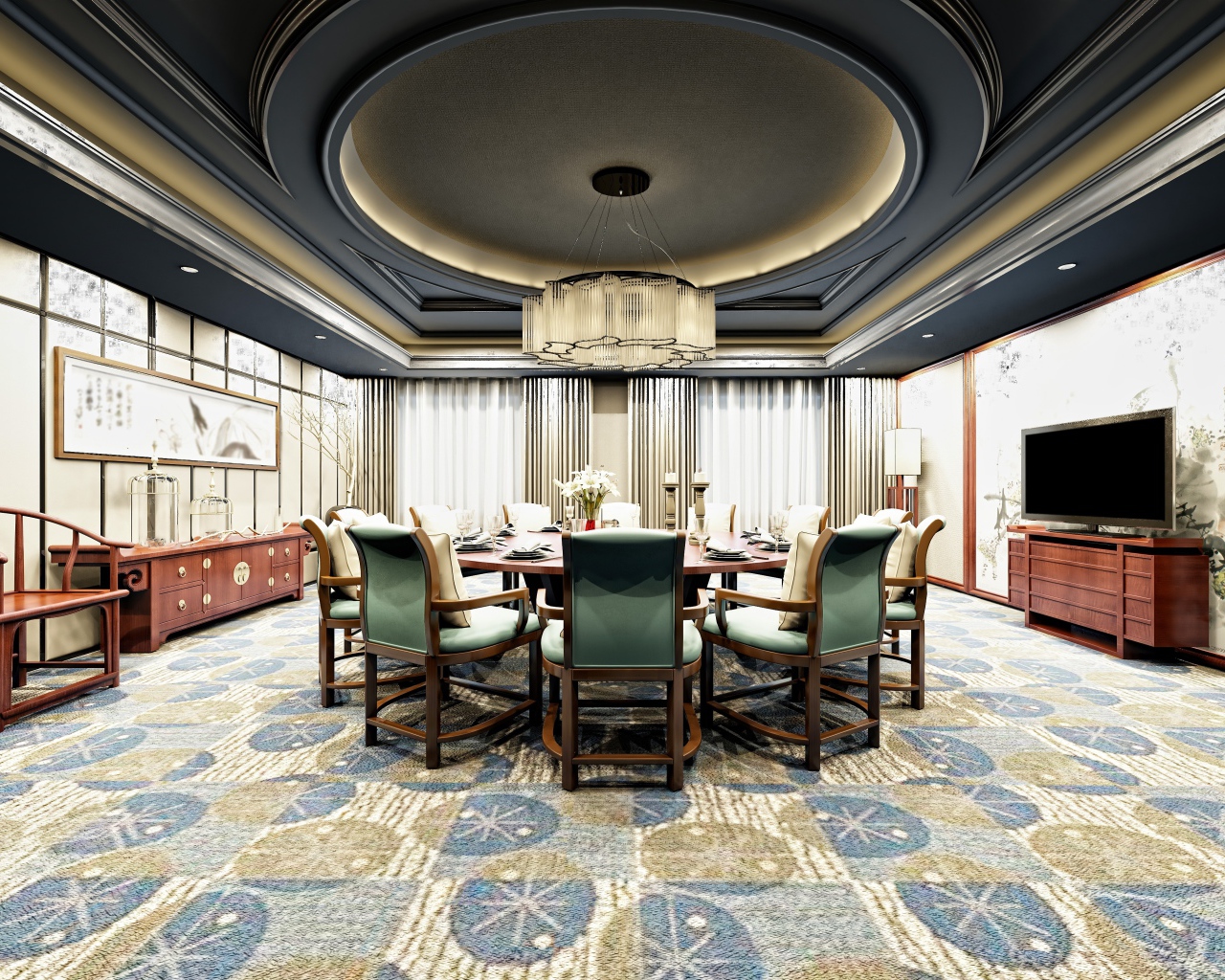 Большая гостиная комната со столом и большой люстрой