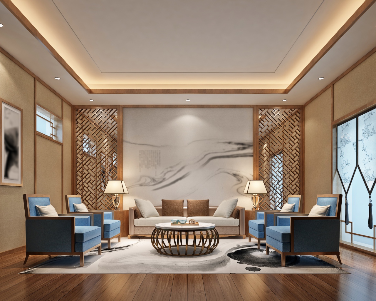 Большая стильная гостиная с креслами и диваном