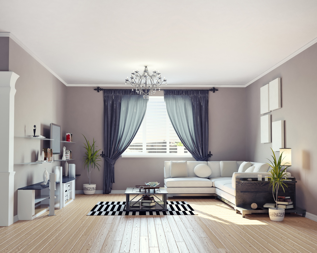 Гостиная комната в серых тонах с диваном