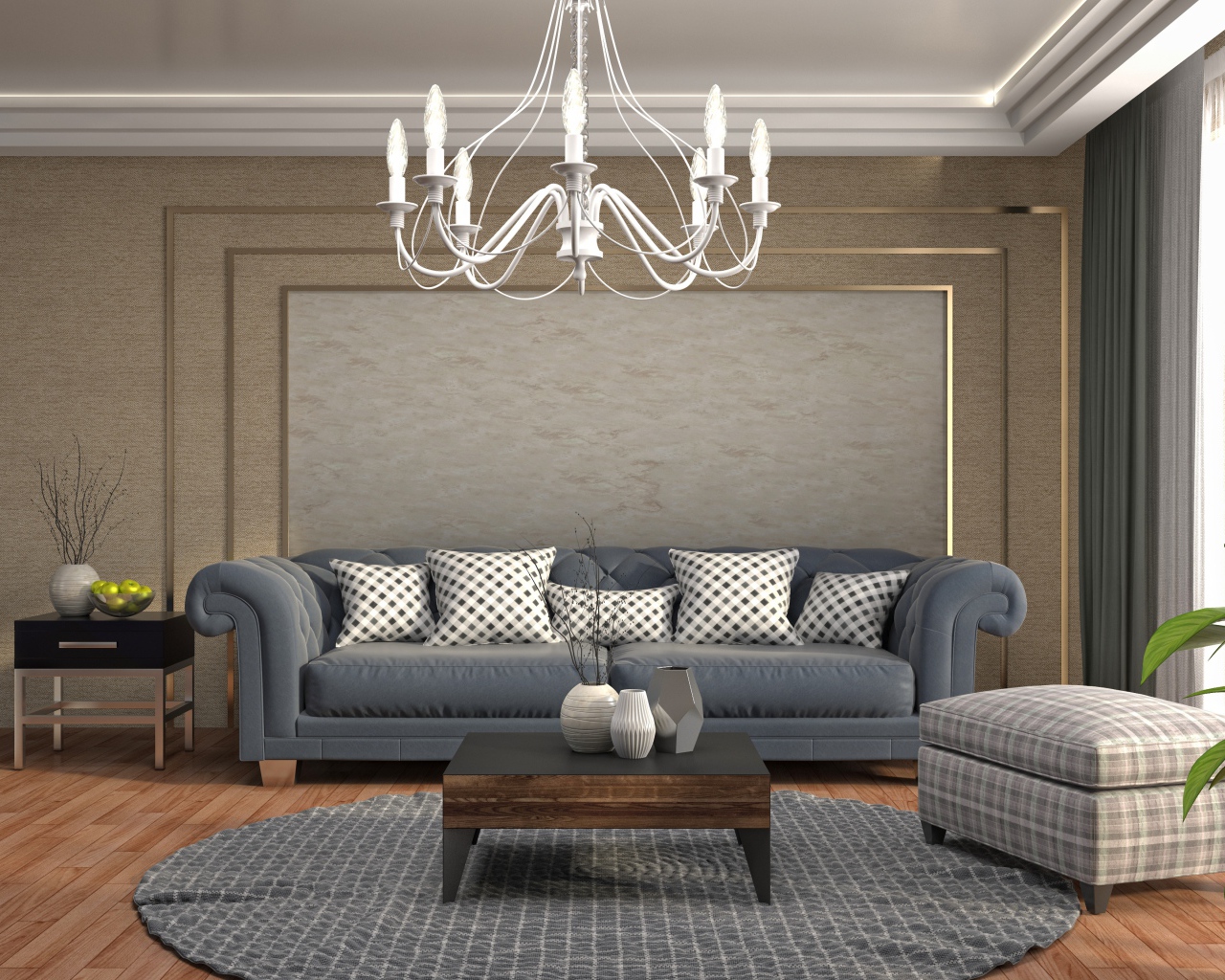 Гостинная комната с большим серым диваном