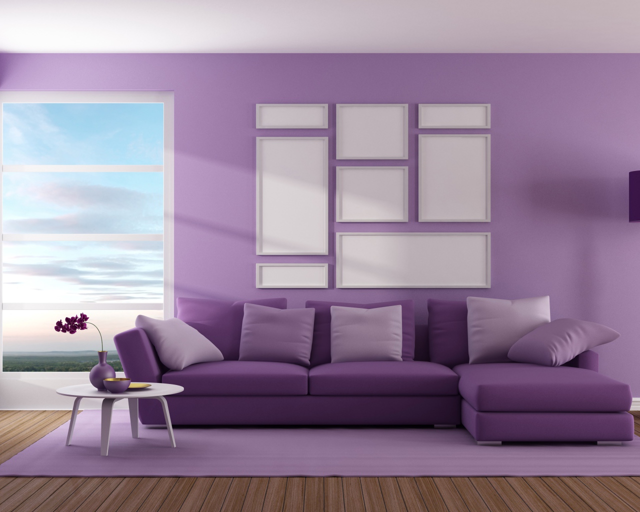 Гостиная комната с диваном у окна в фиолетовом цвете 