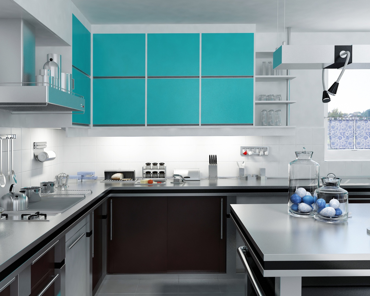 Стильная кухня сером и голубом цвете