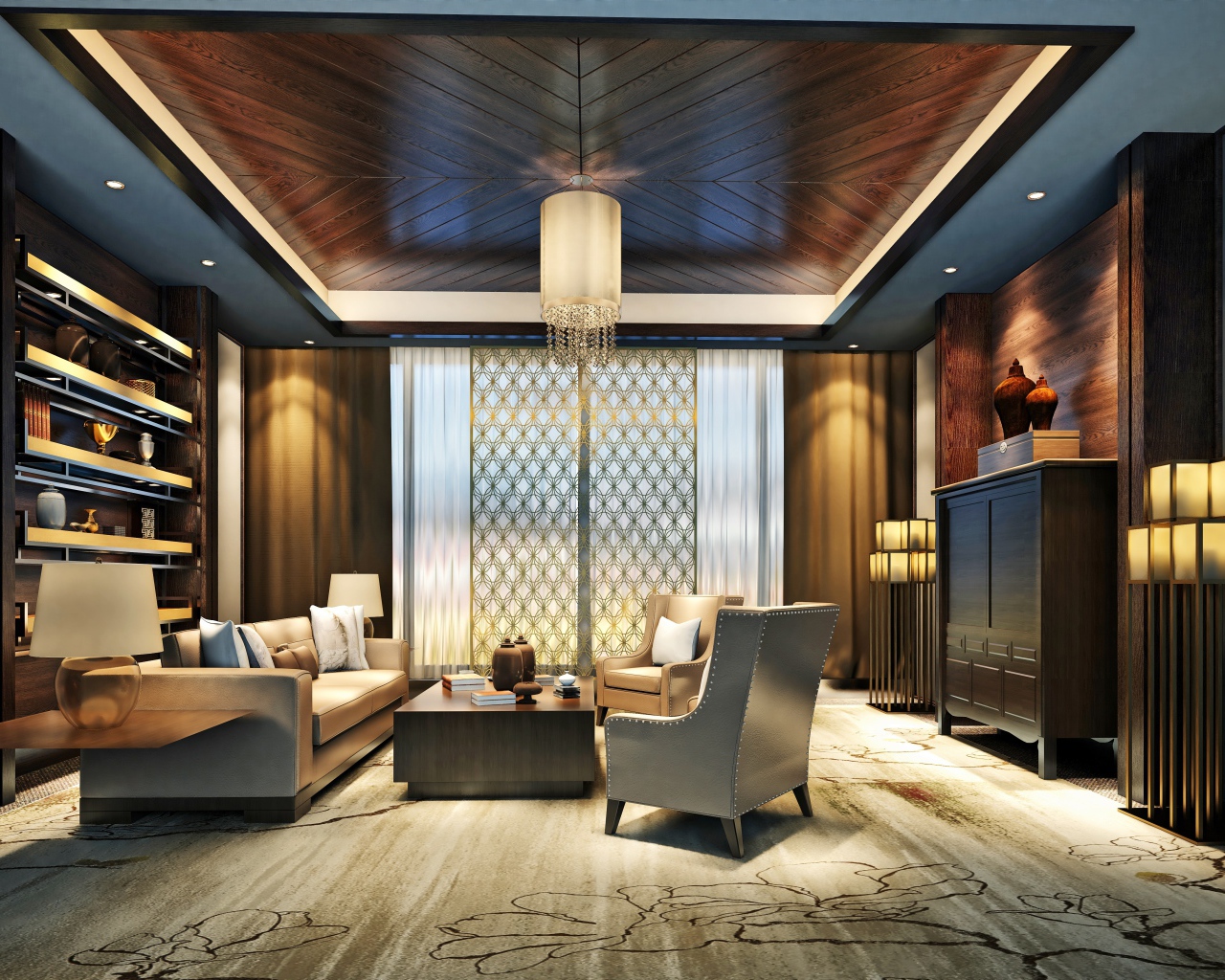 Стильная гостиная с деревянной отделкой